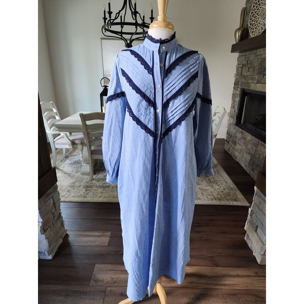 Tuckernuck Jolene Shirt Dress Blue Cotton Linen Lace Trim Pintuck Midi Dress XL - Picture 2 of 9
